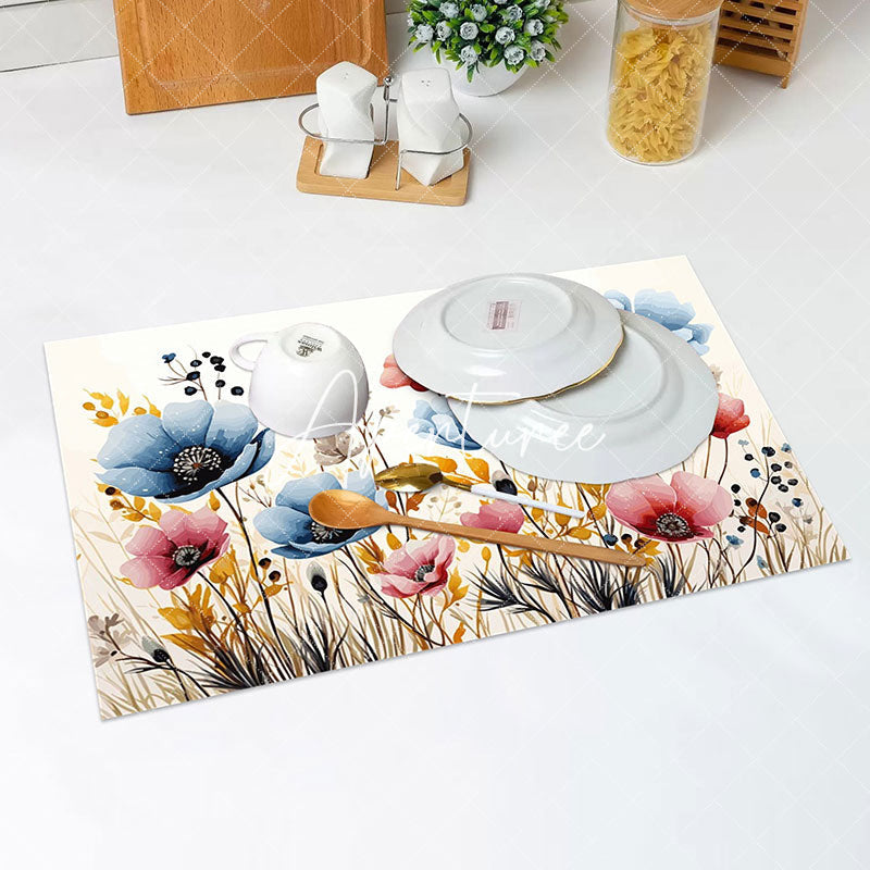 Aperturee - Red Blue Floral Yellow Leaves Set Of 4 Placemats