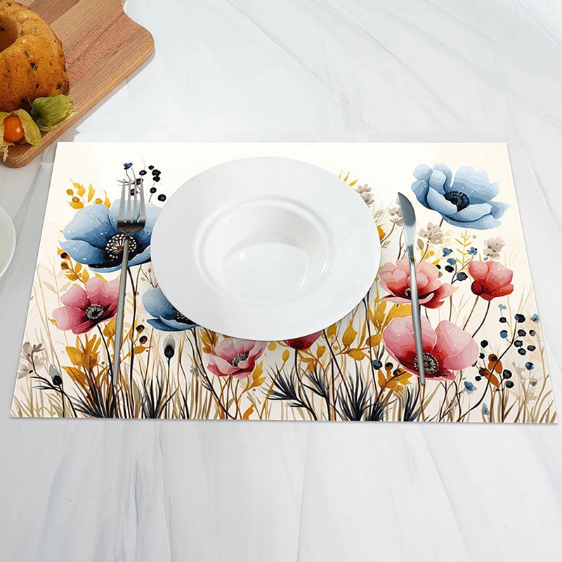 Aperturee - Red Blue Floral Yellow Leaves Set Of 4 Placemats