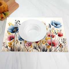 Aperturee - Red Blue Floral Yellow Leaves Set Of 4 Placemats