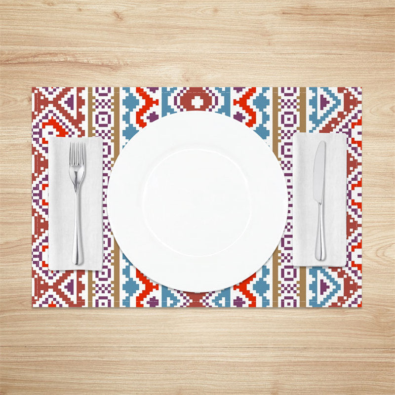 Aperturee - Red Blue White Boho Retro Dining Set Of 4 Placemats