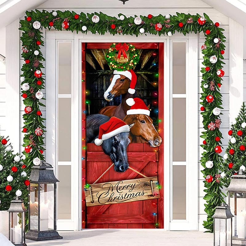 Aperturee - Red Board Horse Light Merry Christmas Door Cover