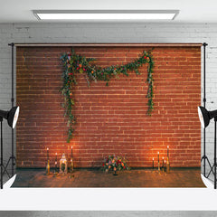 Aperturee - Red Brick Wall Candle Flower Leaf Wedding Backdrop