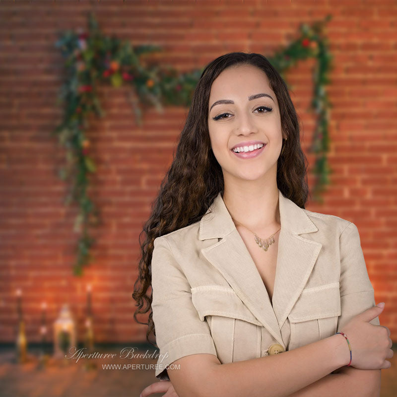 Aperturee - Red Brick Wall Candle Flower Leaf Wedding Backdrop