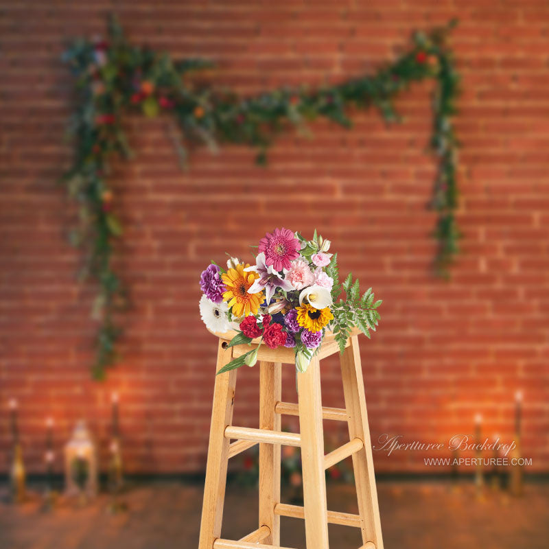 Aperturee - Red Brick Wall Candle Flower Leaf Wedding Backdrop