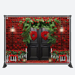 Aperturee - Red Brick Wall Door Floral Valentines Day Backdrop