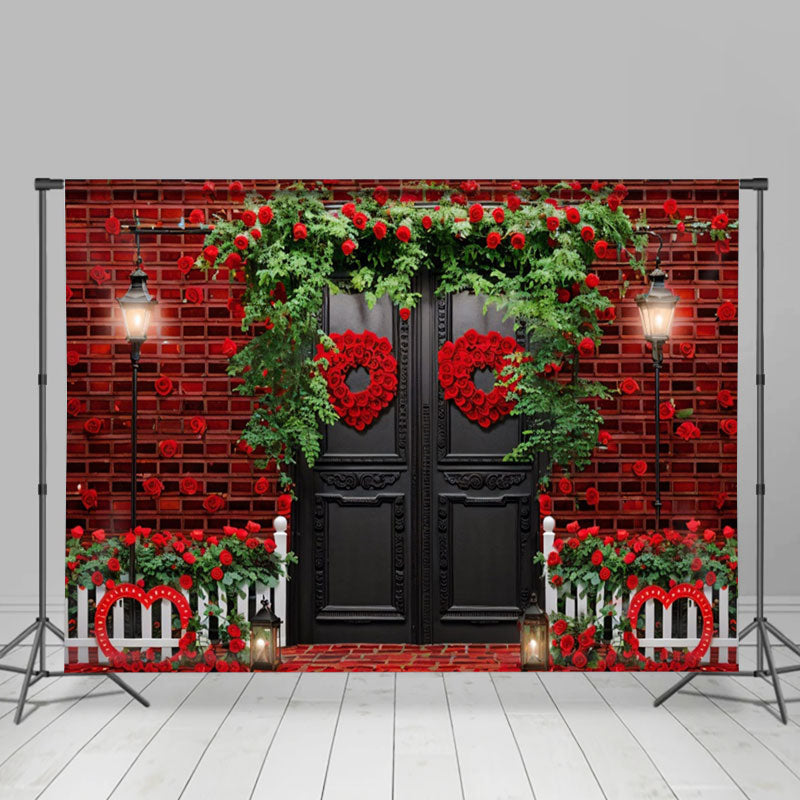 Aperturee - Red Brick Wall Door Floral Valentines Day Backdrop