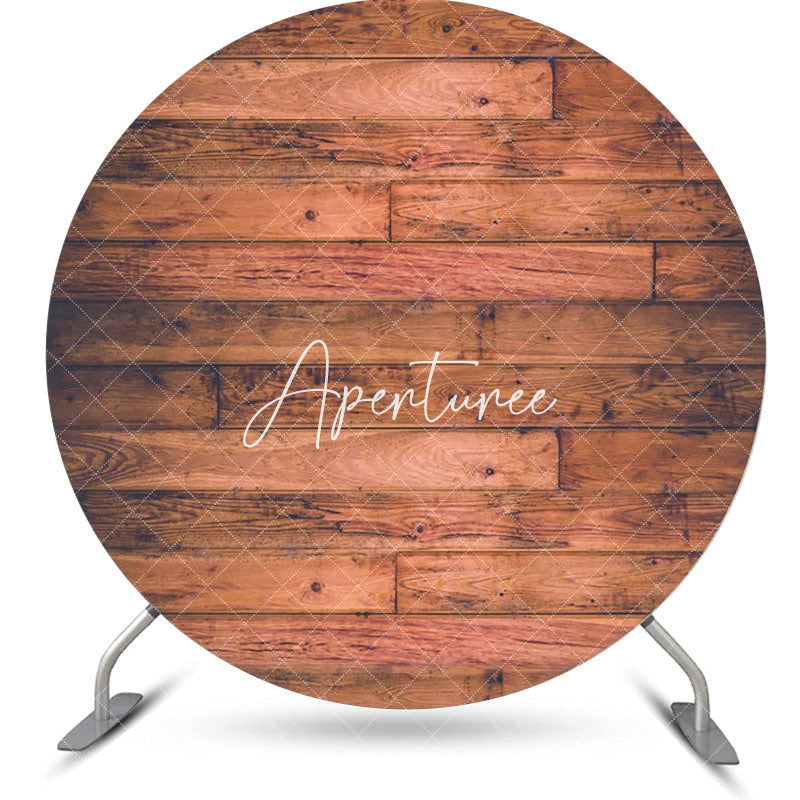 Aperturee - Red Brown Rural Wood Plank Round Birthday Backdrop