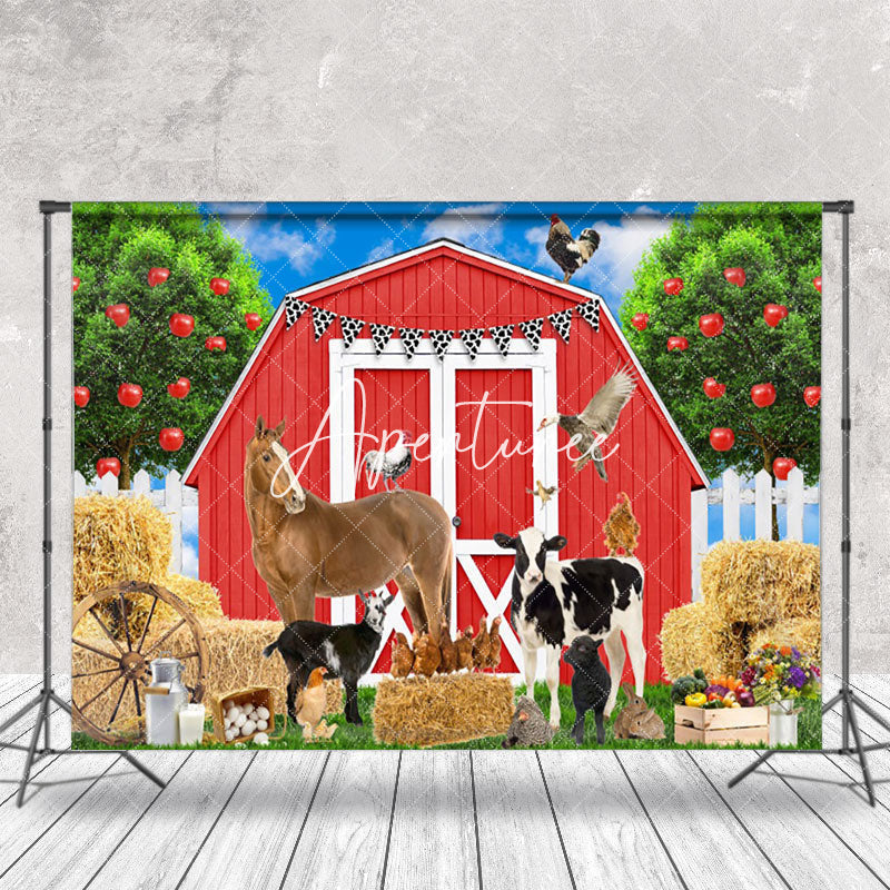 Aperturee - Red Cabin Farm Animals Birthday Cake Smash Backdrop