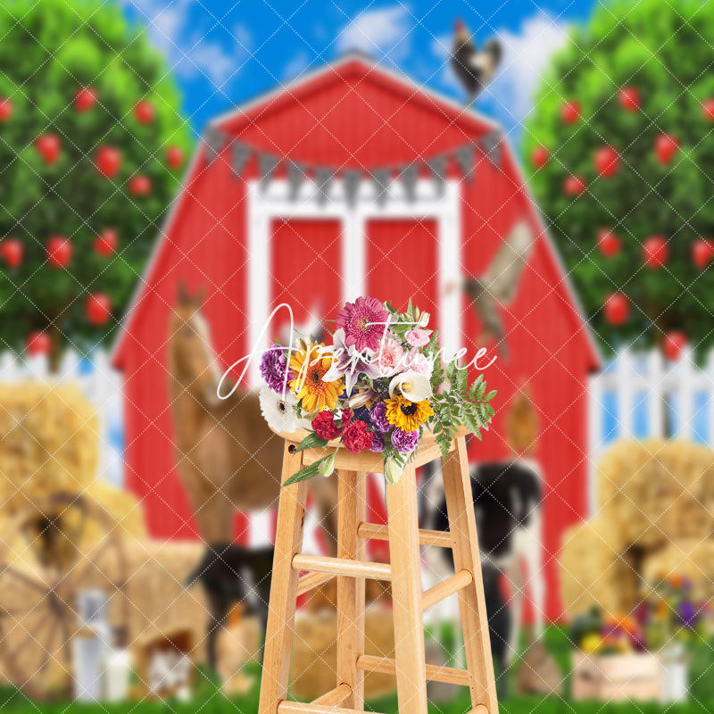 Aperturee - Red Cabin Farm Animals Birthday Cake Smash Backdrop