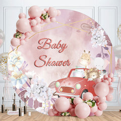 Aperturee - Red Car And Animals Floral Round Baby Shower Backdrop