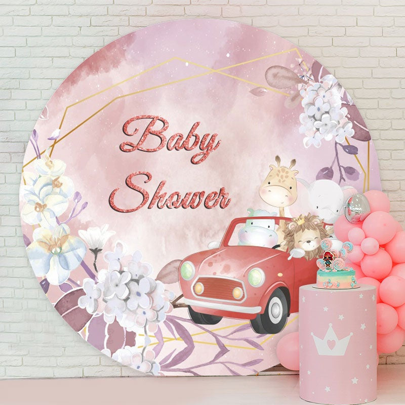 Aperturee - Red Car And Animals Floral Round Baby Shower Backdrop