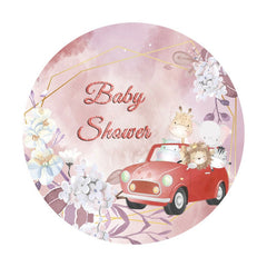 Aperturee - Red Car And Animals Floral Round Baby Shower Backdrop