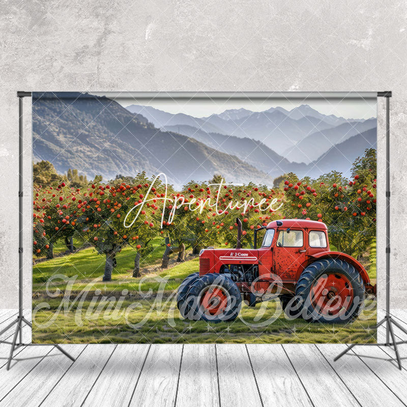 Aperturee - Red Car Apple Orchard Mountain Spring Photo Backdrop