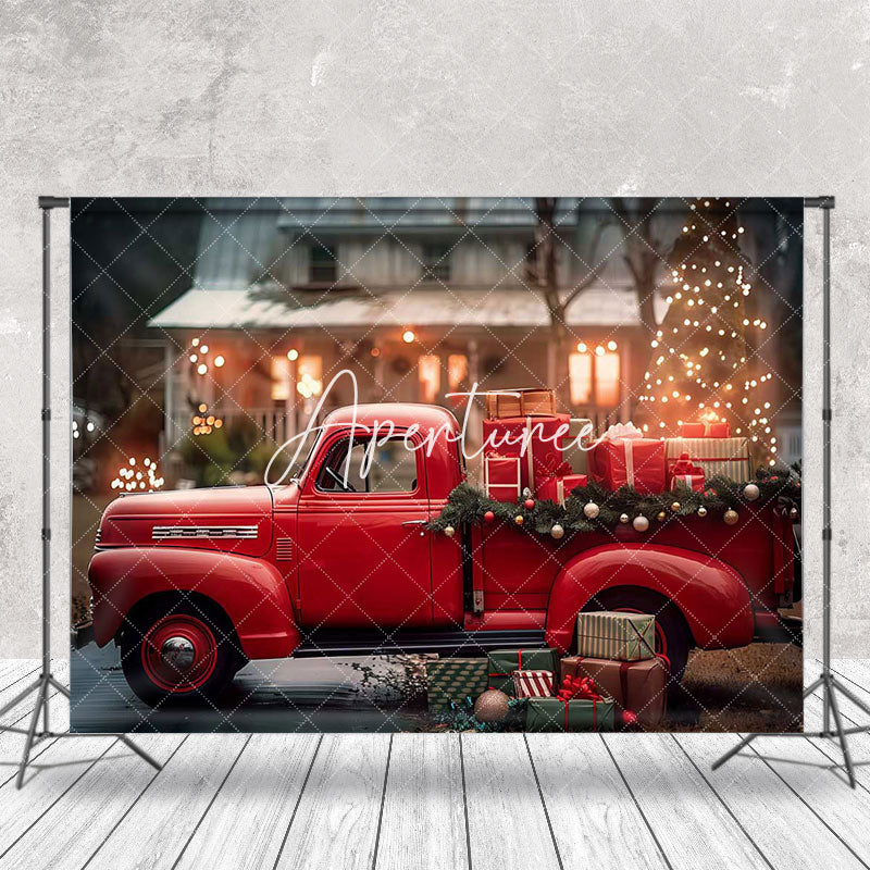 Aperturee - Red Car Gifts Trees Bokeh House Christmas Backdrop