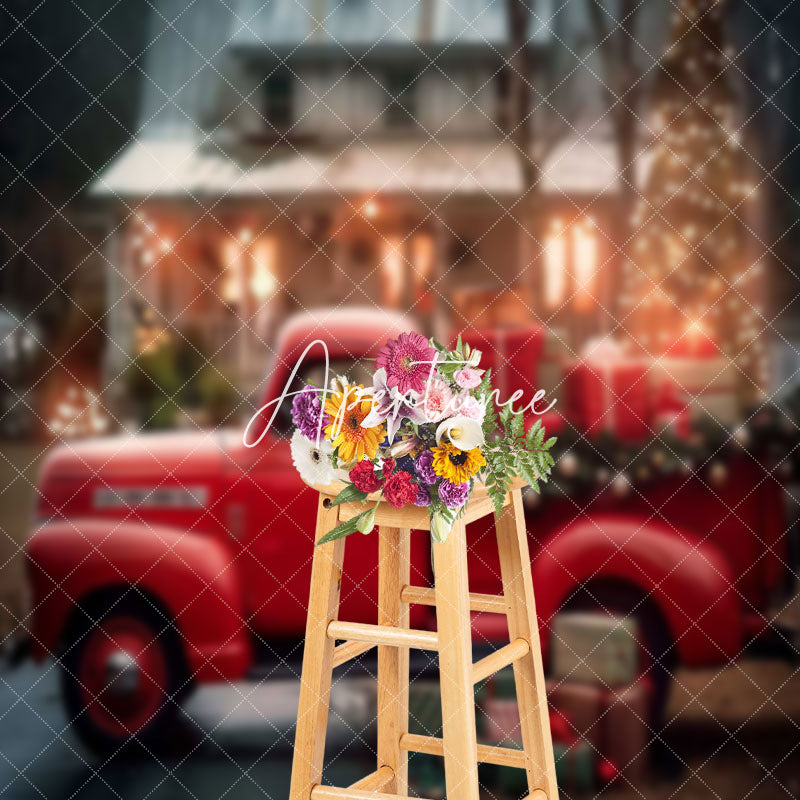 Aperturee - Red Car Gifts Trees Bokeh House Christmas Backdrop