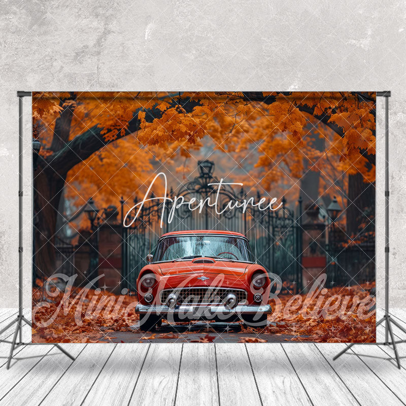 Aperturee - Red Car Leaves Gate Fence Autumn Backdrop For Photo