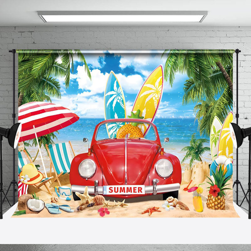 Aperturee - Red Car Sandy Beach Palm Trees Summer Photo Backdrop