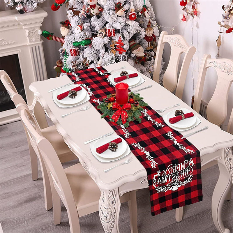 Aperturee Red Checkered Plaid Christmas Home Party Table Runner