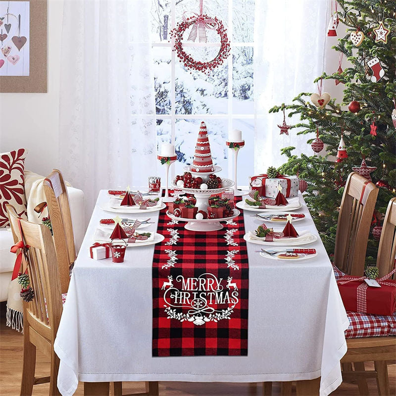 Aperturee Red Checkered Plaid Christmas Home Party Table Runner