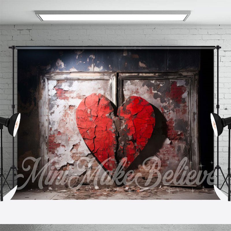 Aperturee - Red Cracked Heart Brick Wall Valentines Day Backdrop