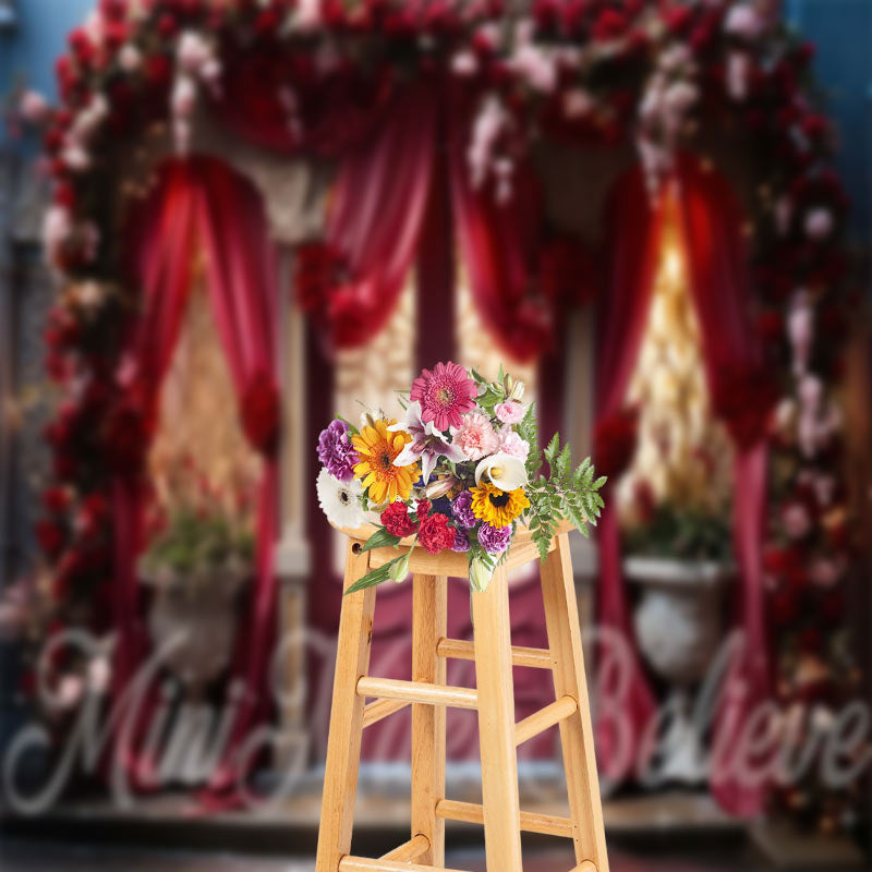 Aperturee - Red Curtain And Door Flower Light Backdrop For Photo