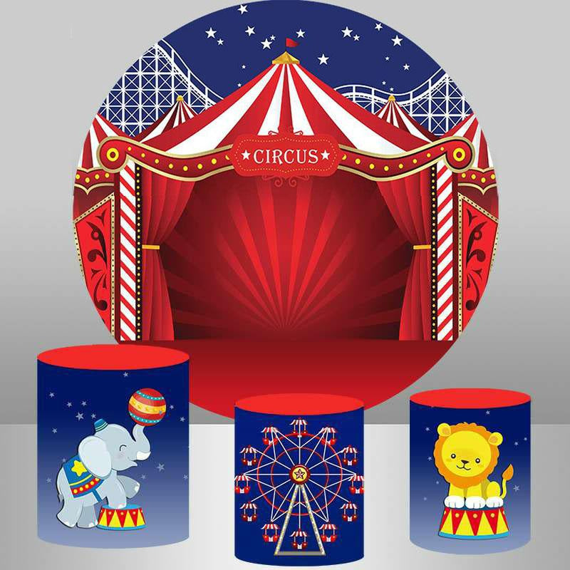 Aperturee Red Curtain Animal Elephant Tiger Round Birthday Backdrop