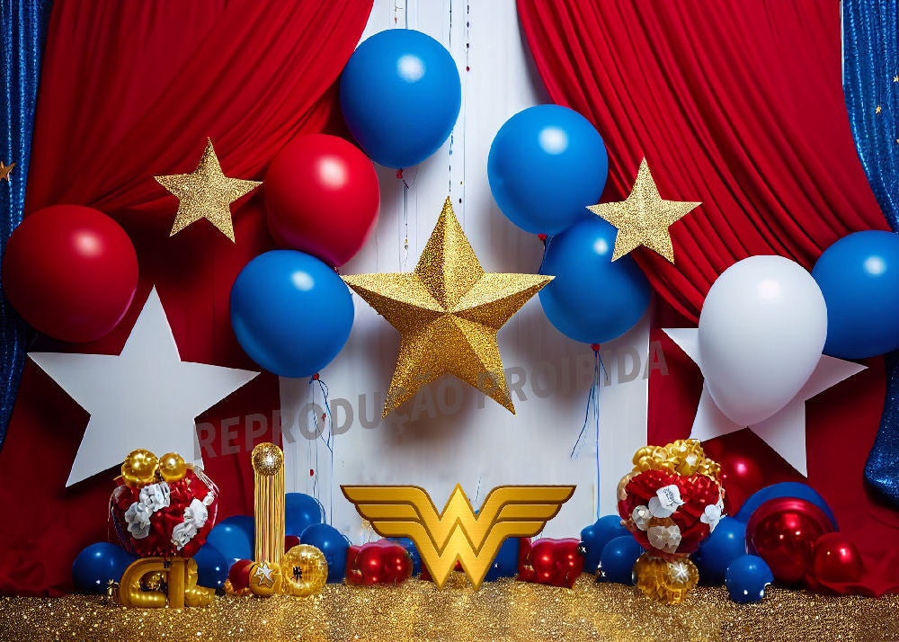 Aperturee - Red Curtain Balloon Gold Star Boy Cake Smash Backdrop