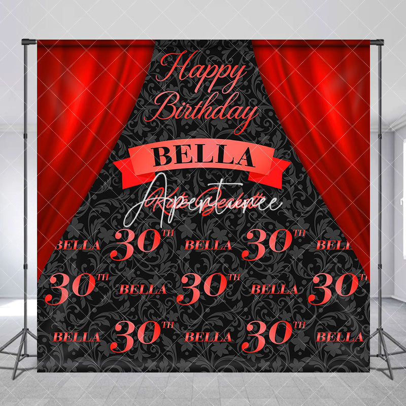 Aperturee - Red Curtain Black Custom Name 30th Birthday Backdrop