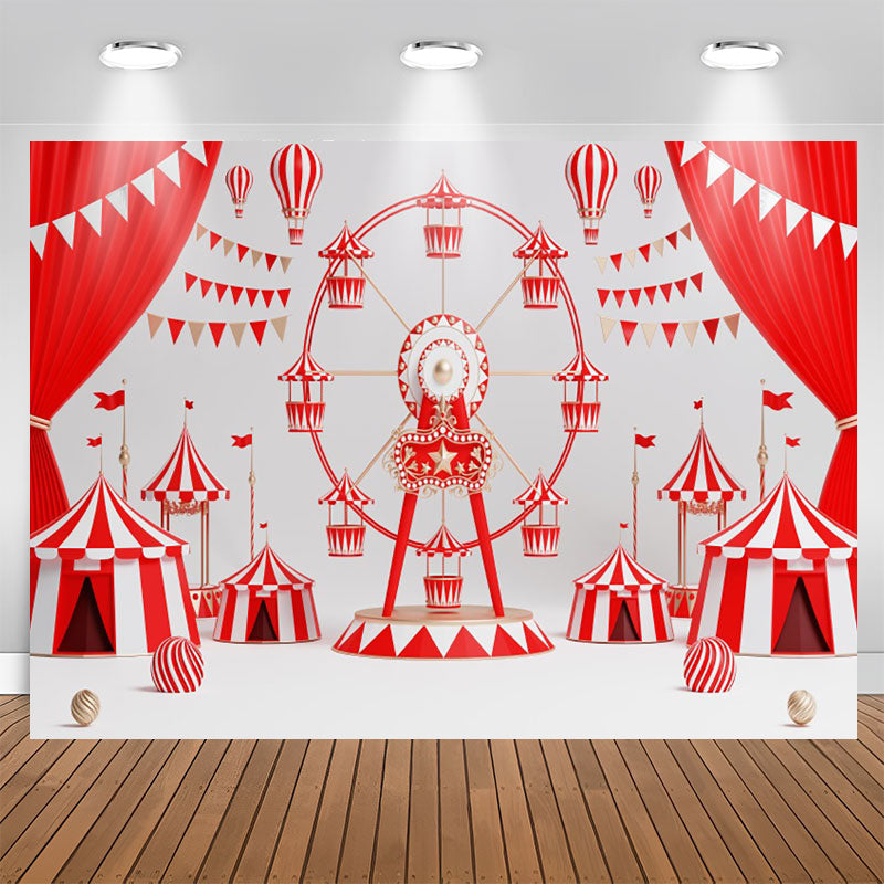 Aperturee - Red Curtain Flags Ferris Wheel Birthday Backdrop