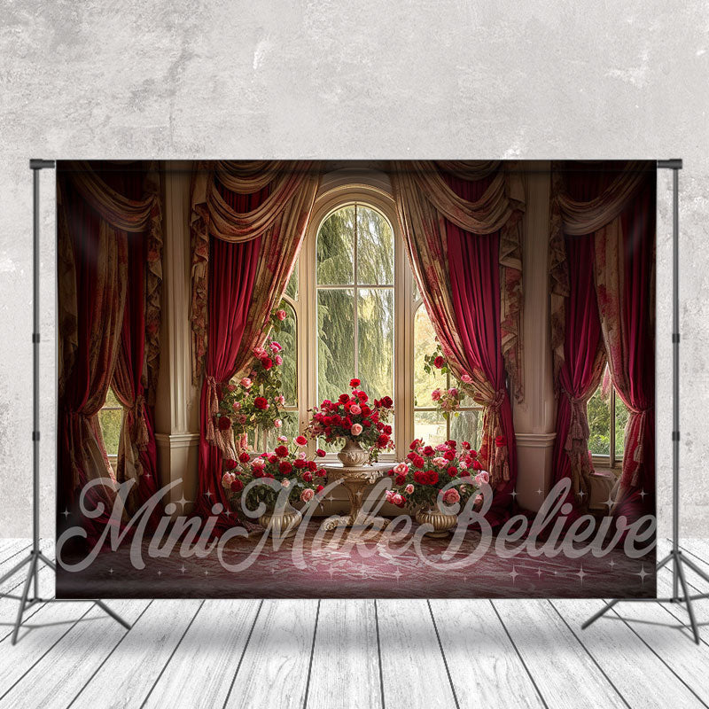 Aperturee - Red Curtain Rose Window Spring Backdrop For Photography