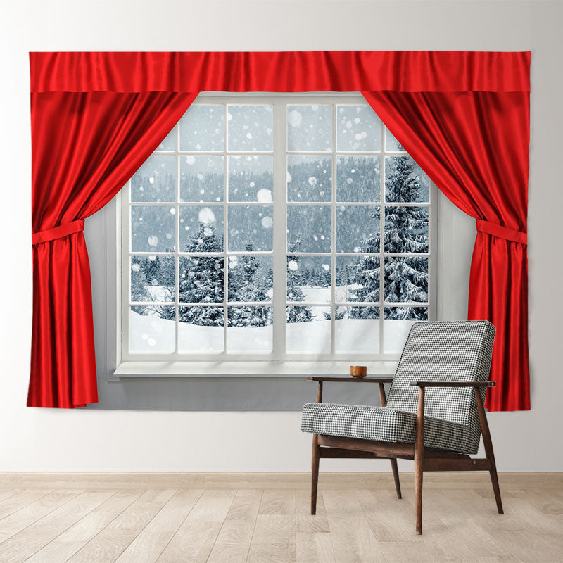 Aperturee - Red Curtain Snowy Out Window Christmas Backdrop