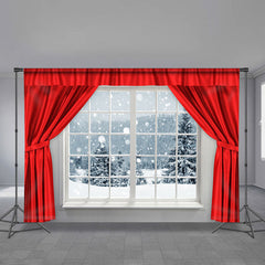 Aperturee - Red Curtain Snowy Out Window Christmas Backdrop