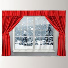 Aperturee - Red Curtain Snowy Out Window Christmas Backdrop