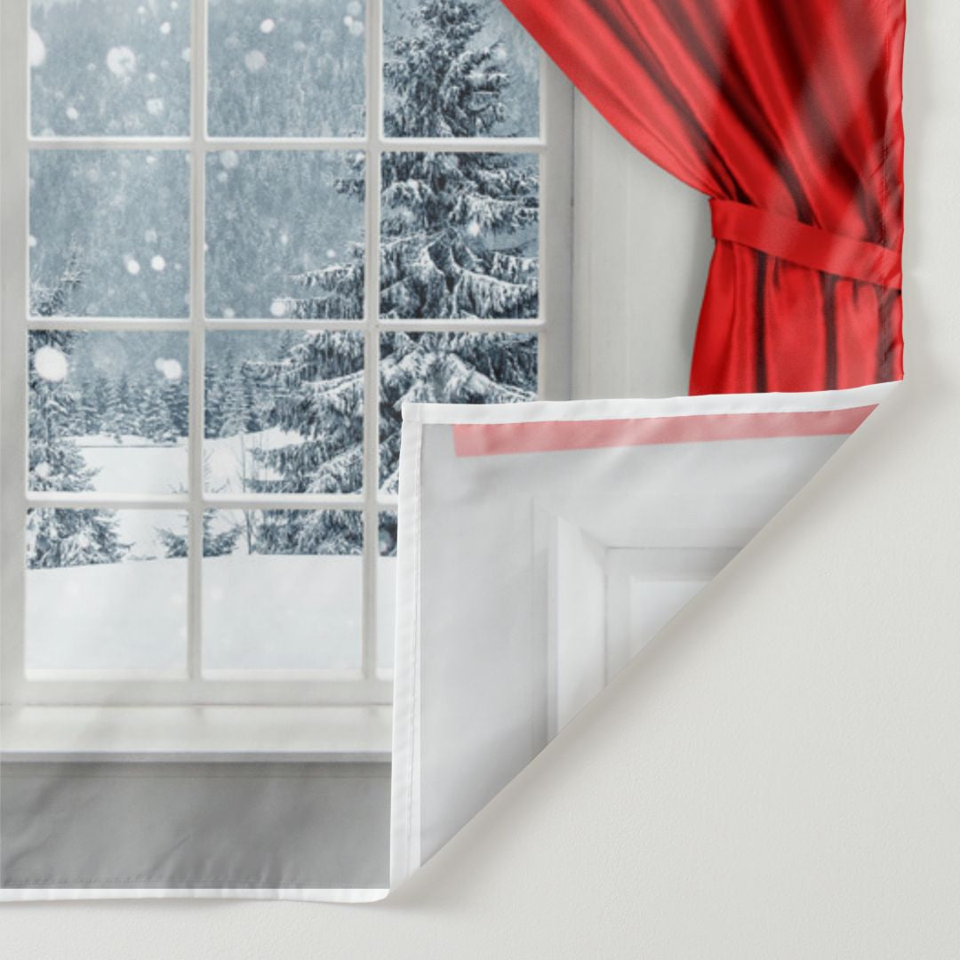 Aperturee - Red Curtain Snowy Out Window Christmas Backdrop