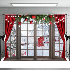 Aperturee - Red Curtain Window Snowman Christmas Tree Backdrop