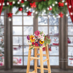 Aperturee - Red Curtain Window Snowman Christmas Tree Backdrop