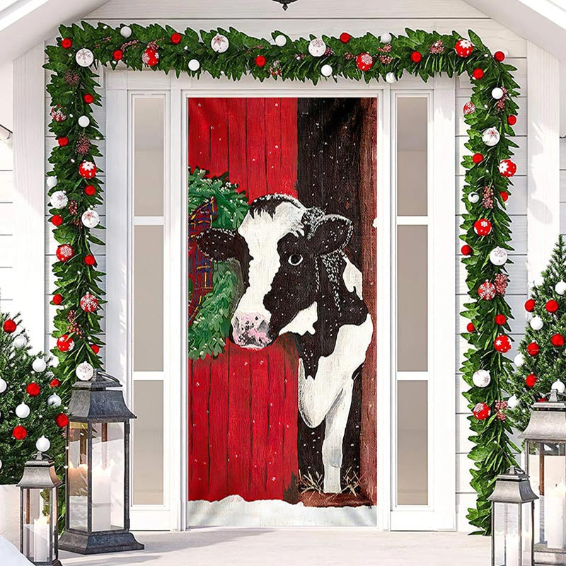 Aperturee - Red Dairy Cattle Cowshed Rural Christmas Door Cover