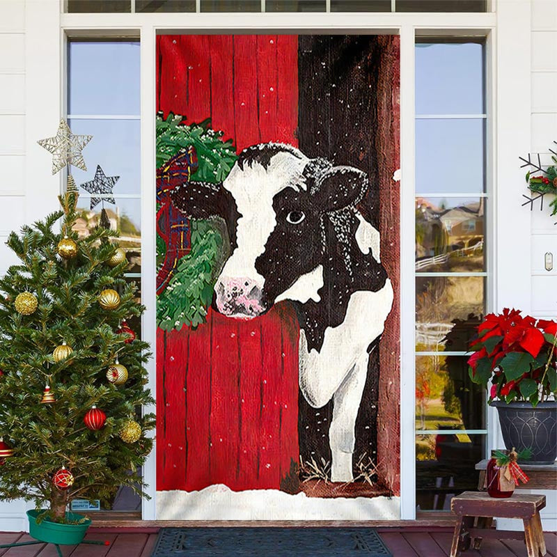 Aperturee - Red Dairy Cattle Cowshed Rural Christmas Door Cover