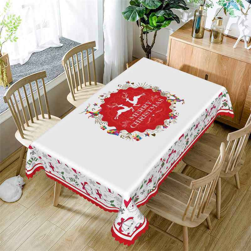 Aperturee - Red Deers Wreath Rectangle Merry Christmas Tablecloth