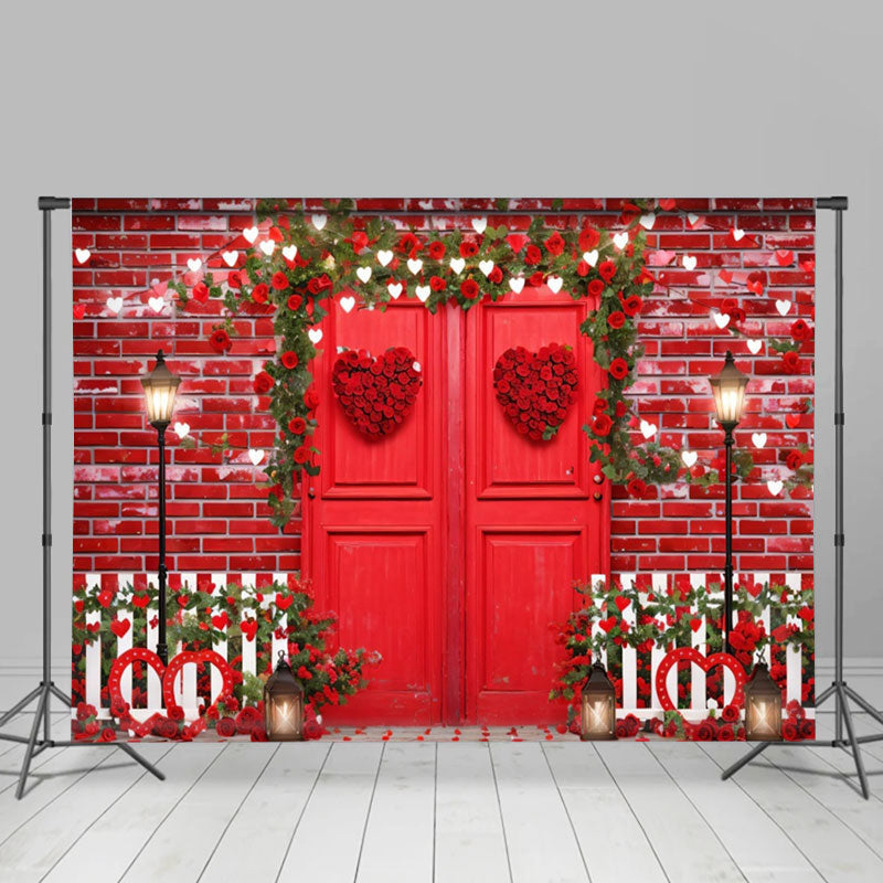 Aperturee - Red Door Brick Wall Flowers Valentines Day Backdrop