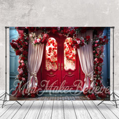 Aperturee - Red Door Pink Curtain Flowers Photography Backdrop