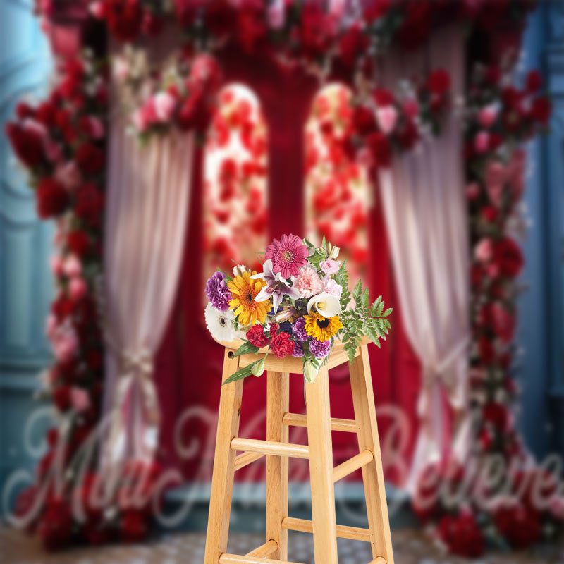 Aperturee - Red Door Pink Curtain Flowers Photography Backdrop