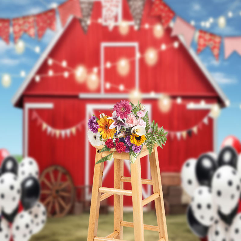 Aperturee - Red Farm House Balloon Birthday Cake Smash Backdrop