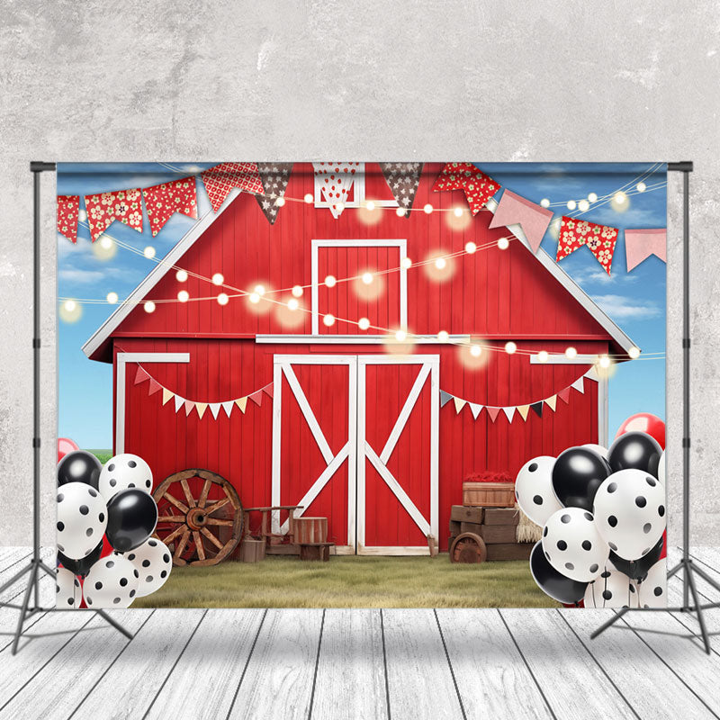 Aperturee - Red Farm House Balloon Birthday Cake Smash Backdrop