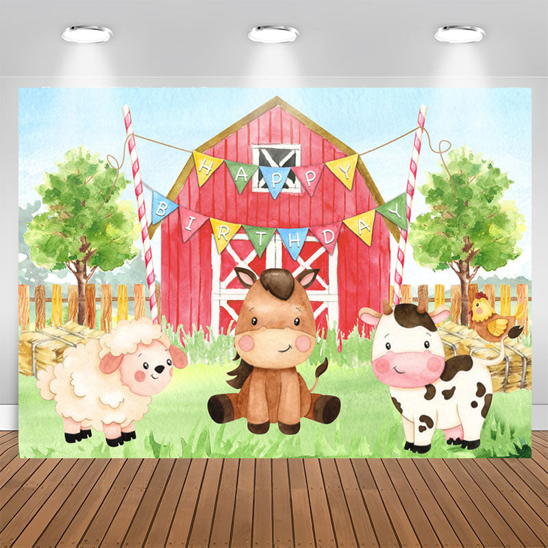 Aperturee - Red Farm Theme With Cute Safari Happy Birthday Backdrop