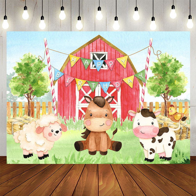 Aperturee - Red Farm Theme With Cute Safari Happy Birthday Backdrop