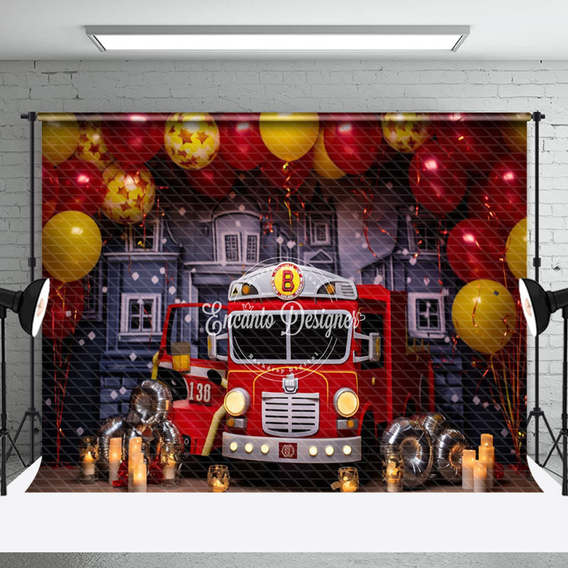 Aperturee - Red Fire Truck Balloon Birthday Backdrop For Photo