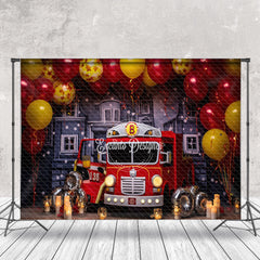 Aperturee - Red Fire Truck Balloon Birthday Backdrop For Photo