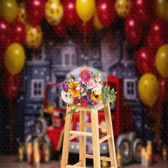 Aperturee - Red Fire Truck Balloon Birthday Backdrop For Photo