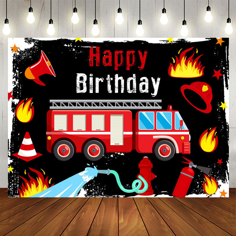 Aperturee - Red Fire Truck Black Birthday Backdrop Banner For Boy